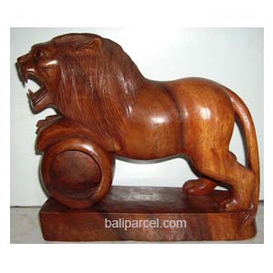 Wooden Lion, Hand Carved From Suar Wood