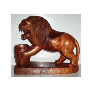Wooden Lion, Hand Carved From Suar Wood