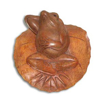 Wooden Frog On Lotus, Hand Carved From Suar Wood