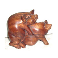Wooden Two Pigs Cople, Hand Carved From Suar Wood