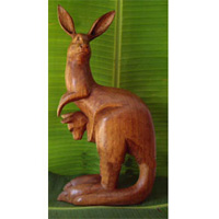 Wooden Kangaroo With Baby, Hand Carved From Suar Wood