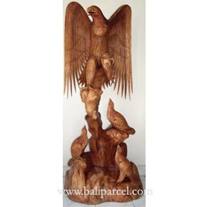 Wooden Eagle With 3 Babies, Hand Carved From Suar Wood