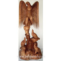Wooden Eagle With 3 Babies, Hand Carved From Suar Wood