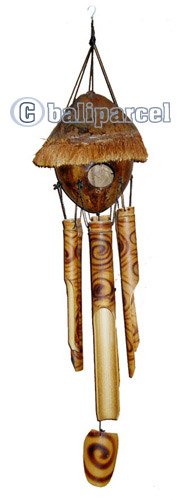 Bamboo Windchime, Burned Bamboo With Coconut Bird House. 