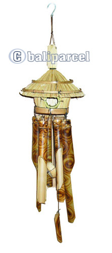 Bamboo Windchime, Burned Bamboo With Grass Bird House.