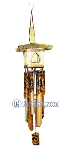 Bamboo Windchime, Burned Bamboo With Grass Bird House.