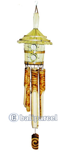 Bamboo Windchime, Burned Bamboo With Grass Bird House.
