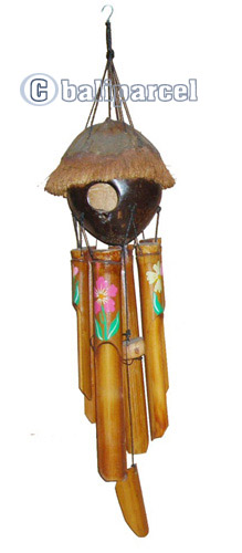 Bamboo Windchime, Painted Bamboo With Coconut Bird House