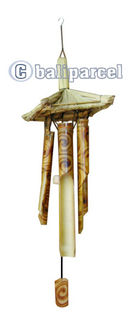 Bamboo Windchime, Burned Bamboo With Grass Bird House.