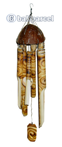 Bamboo Windchime, Burned Bamboo With Coconut Bird House. 