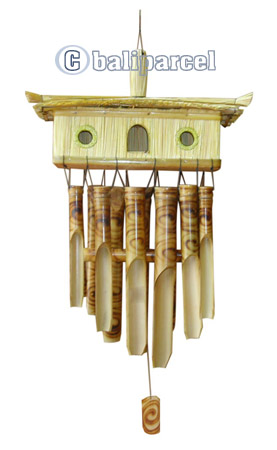 Bamboo Windchime, Burned Bamboo With Grass Bird House.