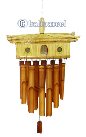 Polished Bamboo Windchime, With Grass Bird House