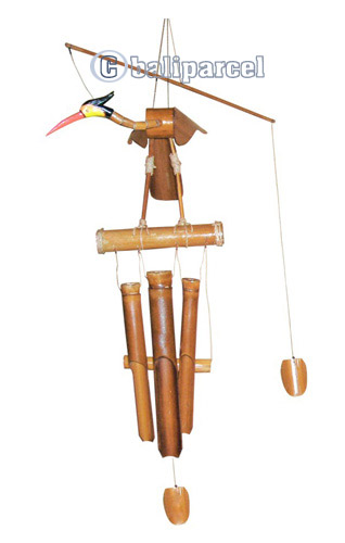 Polished Bamboo Windchime, With Bird