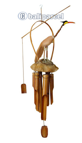 Polished Bamboo Windchime, With Bird