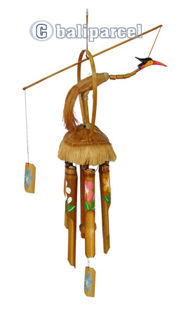 Painted Bamboo Windchime, With Bird