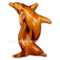 Wooden Two Dolphin Carving, Hand Carved From Suar Wood