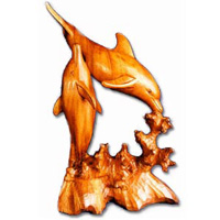 Wooden Two Dolphin Carving, Hand Carved From Suar Wood