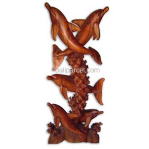 Wooden Five Dolphin On Coral Carving, Hand Carved From Suar Wood