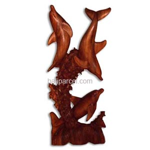 Wooden Three Dolphin On Coral Carving, Hand Carved From Suar Wood