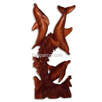 Wooden Three Dolphin On Coral Carving, Hand Carved From Suar Wood