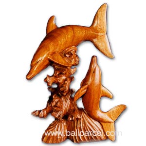 Wooden Two Dolphin On Coral Carving, Hand Carved From Suar Wood