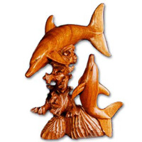 Wooden Two Dolphin On Coral Carving, Hand Carved From Suar Wood