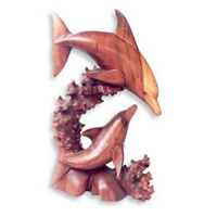 Wooden Two Dolphin On Coral Carving, Hand Carved From Suar Wood