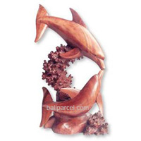 Wooden Two Dolphin On Coral Carving, Hand Carved From Suar Wood