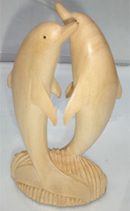 Wooden Two Dolphin On Coral Carving, Hand Carved From Crocodile Wood