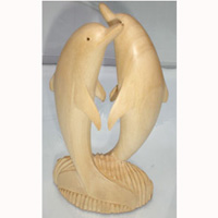 Wooden Two Dolphin On Coral Carving, Hand Carved From Crocodile Wood