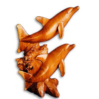 Wooden Two Dolphin Carving, Hand Carved From Suar Wood