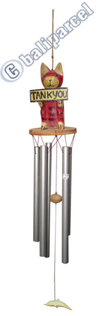 Cat Windchime, Handcarved From Wood And Pipe. 