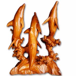 Wooden Four Dolphins On Coral, Wood Carving From Suar Wood