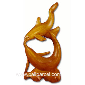 Wooden Two Dolphin Carving, Hand Carved From Suar Wood