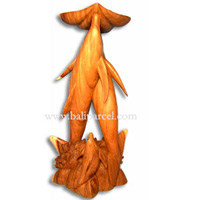 Wooden Three Dolphin On Coral, Hand Carved From Suar Wood