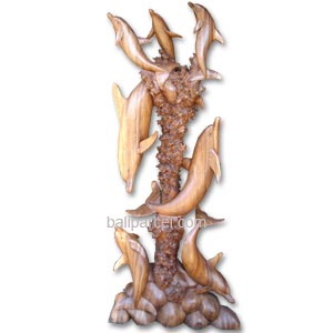 Wooden Seven Dolphin On Coral, Hand Carved From Suar Wood