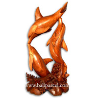 Wooden Three Dolphin On Coral, Hand Carved From Suar Wood