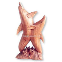 Wooden Two Dolphins, Hand Carved From Hibiscus Wood