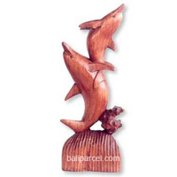 Wooden Two Dolphins, Hand Carved From Hibiscus Wood