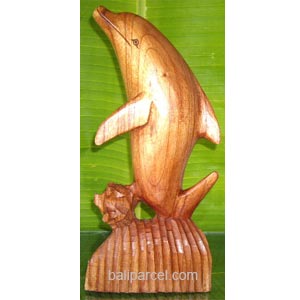 Wooden Standing Dolphin, Hand Carved From Hibiscus Wood