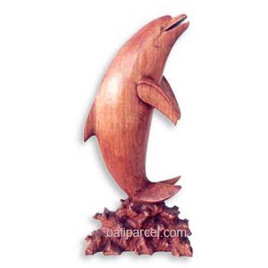 Wooden Standing Dolphin, Hand Carved From Hibiscus Wood