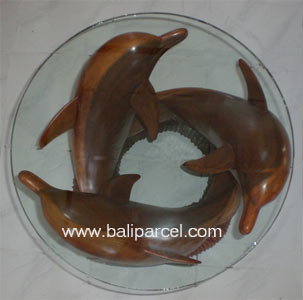 Wooden Coffee Table Three Dolphin, Include With Glass On Top