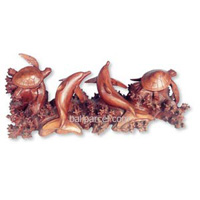 Wooden Two Dholpins And Two Turtles Carving, Hand Carved From Suar Wood