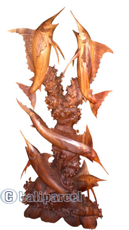 Five Marlins Carving, Hand Carved From Suar Wood
