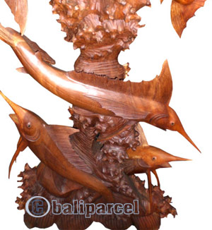 Five Marlins Carving, Hand Carved From Suar Wood