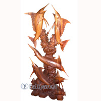 Five Marlins Carving, Hand Carved From Suar Wood