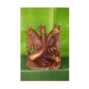 Wooden Dragon With 3 Head Carving, Hand Carved From Suar Wood