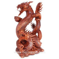 Wooden Two Dragon Wood Carving, Hand Carved From Suar Wood