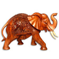 Wooden Elephant With Carving, Hand Carved From Suar Wood