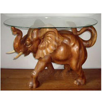 Wooden Coffee Table Elephant, Hand Carved From Suar Wood (included Glass 8ml)